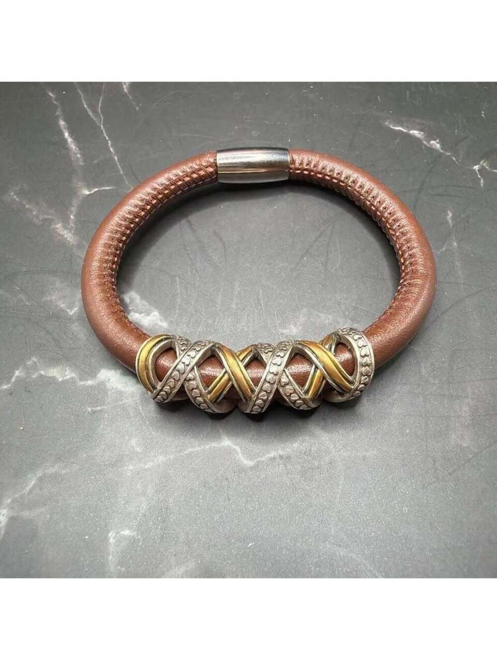 Brown Leather Bracelet with Silver and Gold Tone Charm